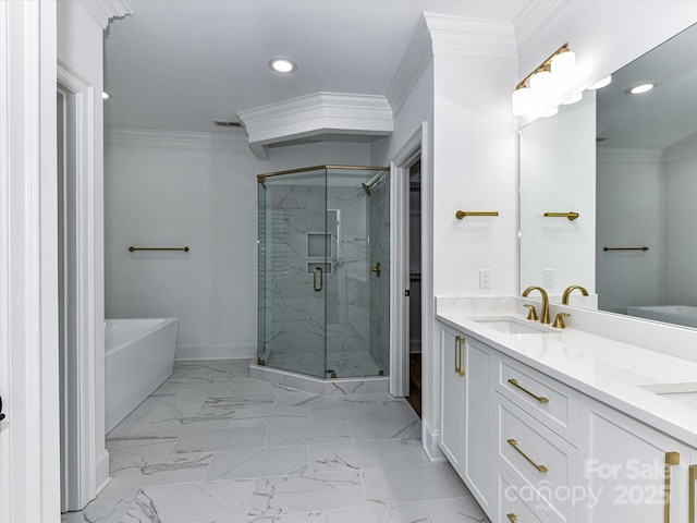 344 S Laurel Ave, Charlotte, NC 28207 - bathroom with recessed lighting, a bath, a marble finish shower, crown molding, and marble finish floors