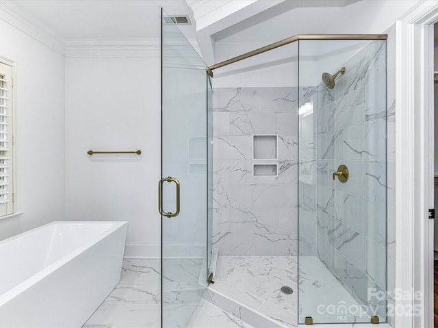 344 S Laurel Ave, Charlotte, NC 28207 - full bathroom with marble finish flooring, a freestanding tub, a marble finish shower, and ornamental molding