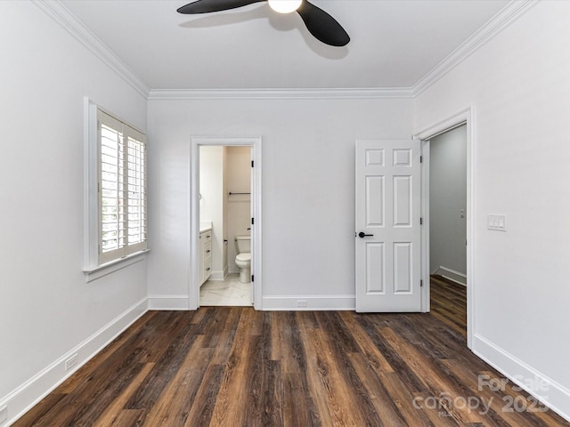 344 S Laurel Ave, Charlotte, NC 28207 - unfurnished bedroom with ornamental molding, dark wood finished floors, connected bathroom, and a ceiling fan
