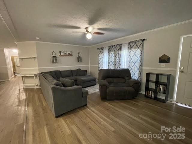 25 Mountain View Rdg, Fairview, NC 28730 - living area featuring crown molding, wood finished floors, ceiling fan, and a textured ceiling