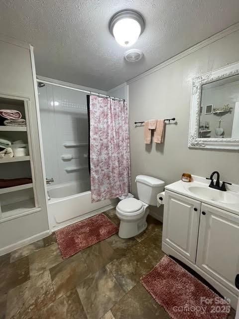 25 Mountain View Rdg, Fairview, NC 28730 - full bath featuring vanity, a textured ceiling, and shower / bathtub combination with curtain