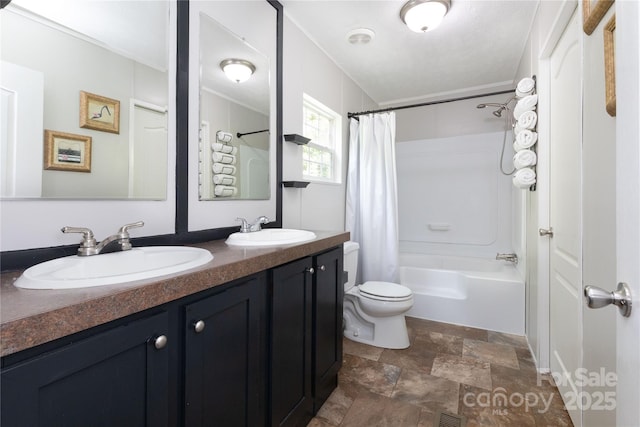 25 Mountain View Rdg, Fairview, NC 28730 - full bathroom featuring stone finish flooring, double vanity, and shower / tub combo with curtain
