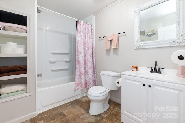 25 Mountain View Rdg, Fairview, NC 28730 - bathroom with vanity, stone finish flooring, and shower / tub combo with curtain