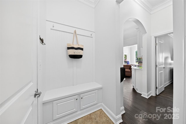 3981 Spinnaker Pl, Denver, NC 28037 - corridor with ornamental molding, arched walkways, and dark wood-type flooring