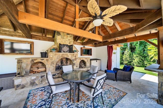 3981 Spinnaker Pl, Denver, NC 28037 - view of patio with a gazebo, a ceiling fan, outdoor dining space, and an outdoor living space with a fireplace