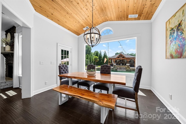 3981 Spinnaker Pl, Denver, NC 28037 - dining area with a chandelier, crown molding, wood ceiling, vaulted ceiling, and wood finished floors