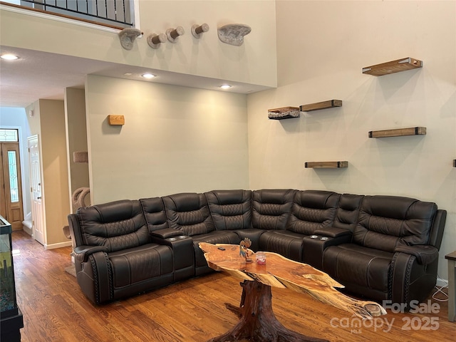 207 Wagon Ln, Rutherfordton, NC 28139 - living room featuring wood finished floors, recessed lighting, and a high ceiling