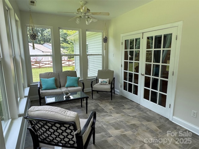 13221 Brandywine Ln, Midland, NC 28107 - sunroom / solarium featuring french doors, a ceiling fan, and an outdoor living space