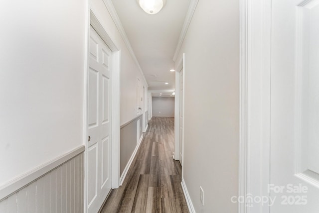 909 Lakeview St, Kannapolis, NC 28083 - hall with dark wood-style flooring, ornamental molding, and recessed lighting