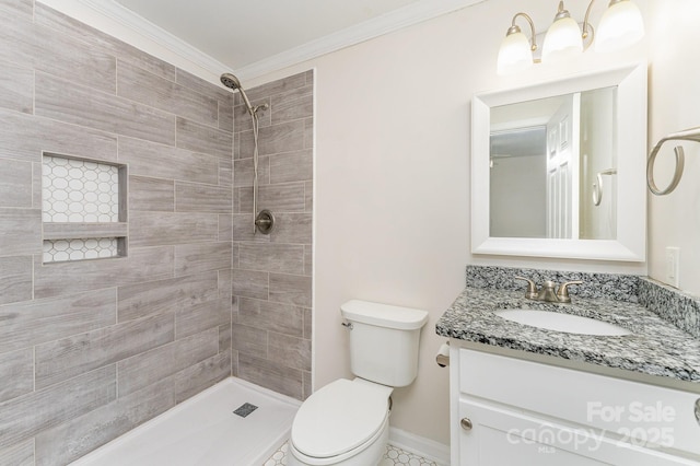 909 Lakeview St, Kannapolis, NC 28083 - full bath with a tile shower, vanity, and ornamental molding