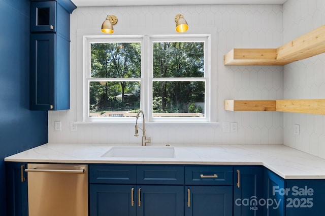 1134 Willow Oaks Trl, Matthews, NC 28104 - kitchen with stainless steel dishwasher, blue cabinets, open shelves, and backsplash