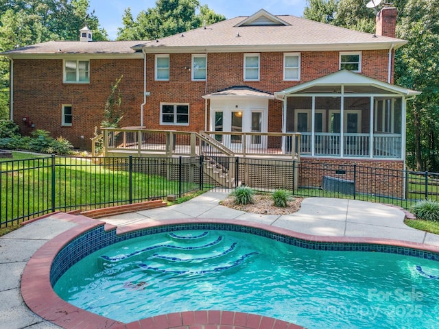 1134 Willow Oaks Trl, Matthews, NC 28104 - view of pool with a sunroom, a wooden deck, stairway, and a patio area