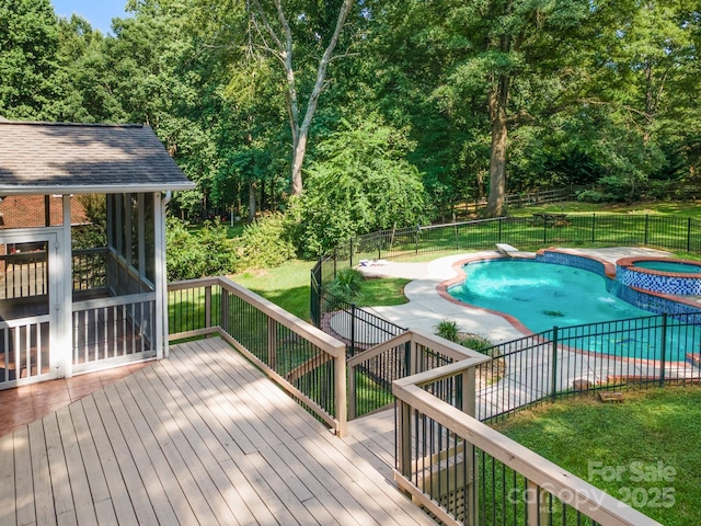1134 Willow Oaks Trl, Matthews, NC 28104 - wooden deck with a fenced backyard, a pool with connected hot tub, and a patio area