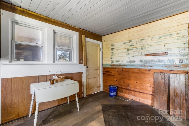 5560 Springs Rd, Conover, NC 28613 - miscellaneous room featuring wood walls, wood ceiling, and dark wood-type flooring