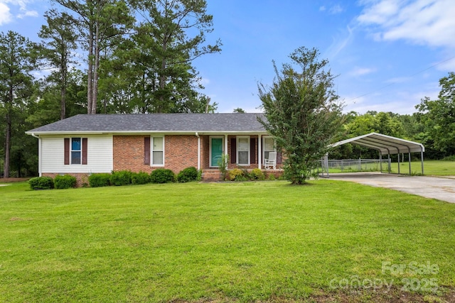 662 Willa Ct Unit 8, Chester, SC 29706 - ranch-style house featuring concrete driveway, a detached carport, a front yard, brick siding, and a shingled roof