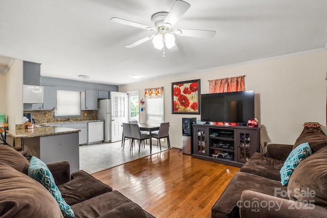 662 Willa Ct Unit 8, Chester, SC 29706 - living room featuring ornamental molding, ceiling fan, and light wood-style floors