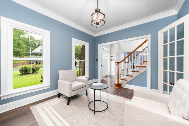 5408 Apple Glen Dr, Harrisburg, NC 28075 - living area featuring a chandelier, wood finished floors, stairway, and ornamental molding