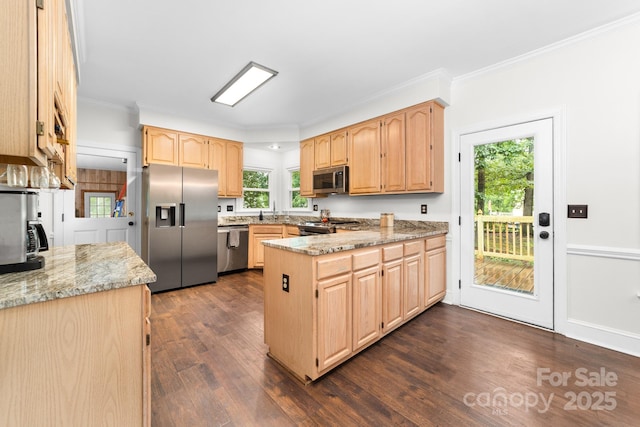 5408 Apple Glen Dr, Harrisburg, NC 28075 - kitchen featuring stainless steel appliances, light brown cabinetry, dark wood-style flooring, a peninsula, and light stone counters