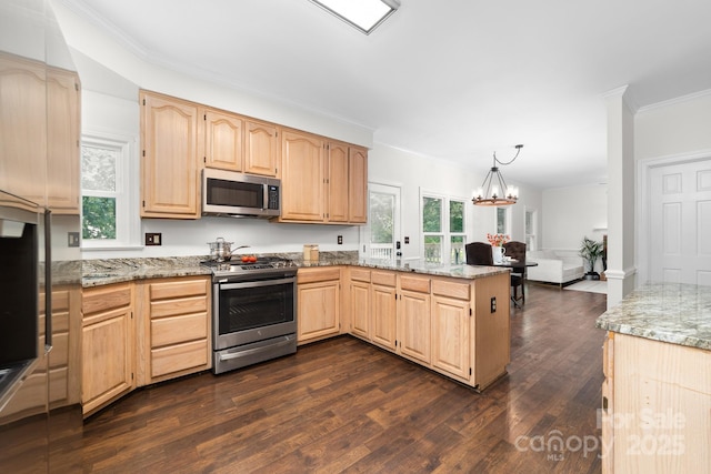 5408 Apple Glen Dr, Harrisburg, NC 28075 - kitchen with stainless steel appliances, light brown cabinets, dark wood-style floors, a peninsula, and light stone counters