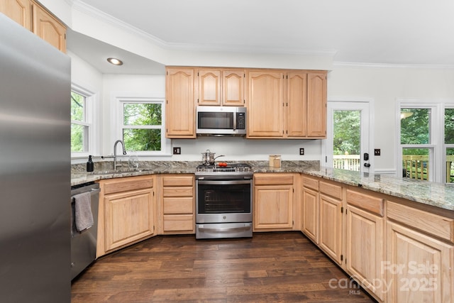 5408 Apple Glen Dr, Harrisburg, NC 28075 - kitchen with stainless steel appliances, light brown cabinets, light stone counters, dark wood finished floors, and ornamental molding