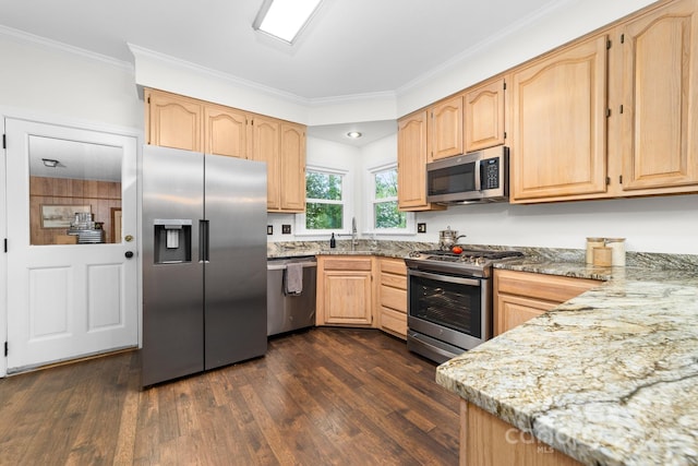 5408 Apple Glen Dr, Harrisburg, NC 28075 - kitchen featuring stainless steel appliances, light brown cabinets, light stone counters, dark wood-type flooring, and crown molding