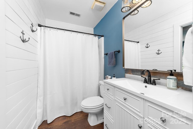 5408 Apple Glen Dr, Harrisburg, NC 28075 - full bathroom featuring vanity, wood finished floors, wooden walls, and a shower with shower curtain