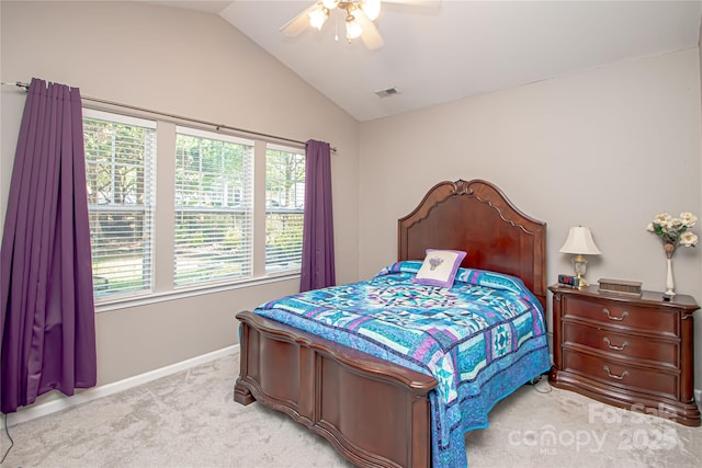 1304 Hammond Dr, Matthews, NC 28104 - bedroom featuring light colored carpet, lofted ceiling, multiple windows, and ceiling fan