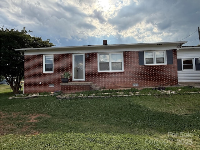 5367 Meadowlane Dr, Granite Falls, NC 28630 - view of front of property with brick siding, a front lawn, a chimney, and crawl space