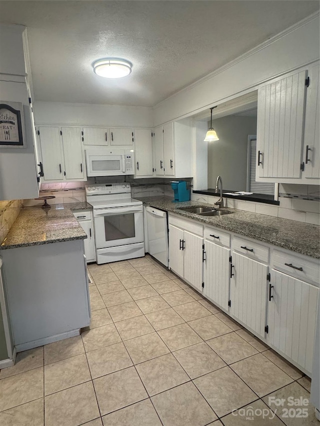 5367 Meadowlane Dr, Granite Falls, NC 28630 - kitchen with white appliances, a textured ceiling, light tile patterned floors, white cabinetry, and decorative light fixtures