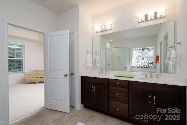2407 Baxter Pl SE, Concord, NC 28025 - full bathroom with double vanity, a shower stall, and tile patterned flooring