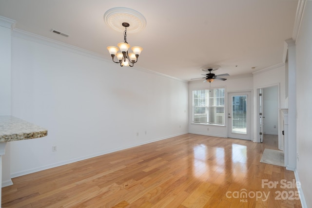 18730 Nautical Dr Unit 102, Cornelius, NC 28031 - unfurnished dining area featuring light wood-style floors, a chandelier, ceiling fan, and crown molding