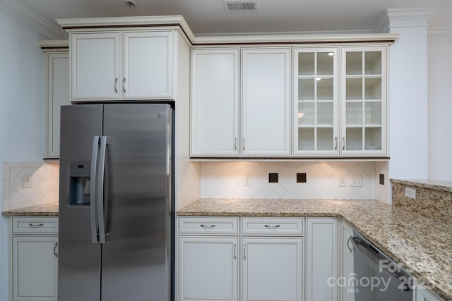18730 Nautical Dr Unit 102, Cornelius, NC 28031 - kitchen featuring stainless steel fridge, tasteful backsplash, glass insert cabinets, crown molding, and light stone counters
