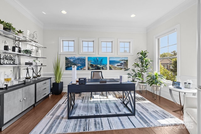 16522 Flintrock Falls Ln, Charlotte, NC 28278 - home office featuring healthy amount of natural light, ornamental molding, a wainscoted wall, wood finished floors, and recessed lighting