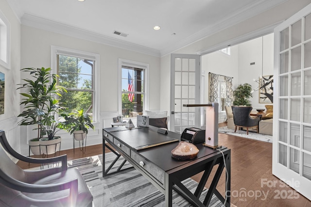 16522 Flintrock Falls Ln, Charlotte, NC 28278 - office area with french doors, wood finished floors, ornamental molding, and recessed lighting