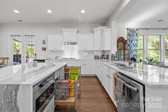 16522 Flintrock Falls Ln, Charlotte, NC 28278 - kitchen with appliances with stainless steel finishes, recessed lighting, plenty of natural light, a peninsula, and white cabinetry