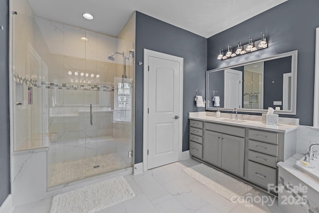 16522 Flintrock Falls Ln, Charlotte, NC 28278 - full bathroom featuring a stall shower, vanity, marble look tile flooring, and a tub