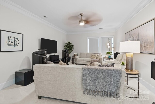 16522 Flintrock Falls Ln, Charlotte, NC 28278 - carpeted living area featuring ornamental molding and ceiling fan