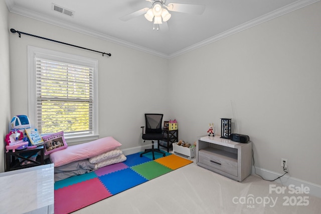 16522 Flintrock Falls Ln, Charlotte, NC 28278 - carpeted bedroom featuring crown molding and a ceiling fan