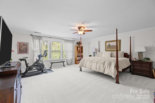 16522 Flintrock Falls Ln, Charlotte, NC 28278 - bedroom featuring light carpet, ornamental molding, and a ceiling fan
