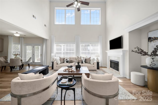 14801 Provence Ln, Charlotte, NC 28277 - living area with ceiling fan, a high ceiling, a premium fireplace, light wood-style floors, and healthy amount of natural light