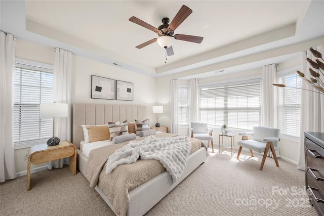 14801 Provence Ln, Charlotte, NC 28277 - bedroom with a raised ceiling, light carpet, multiple windows, and a ceiling fan