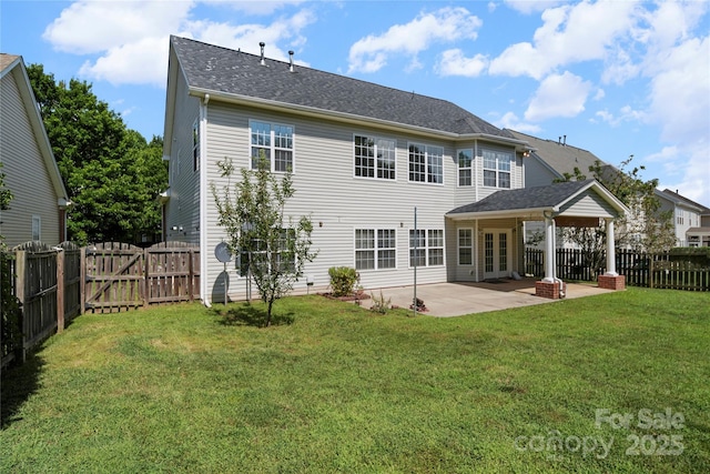 14801 Provence Ln, Charlotte, NC 28277 - rear view of house with a patio, a gate, a fenced backyard, and french doors