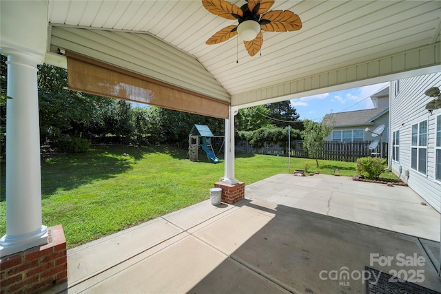 14801 Provence Ln, Charlotte, NC 28277 - fenced backyard featuring a playground, a patio area, and a ceiling fan