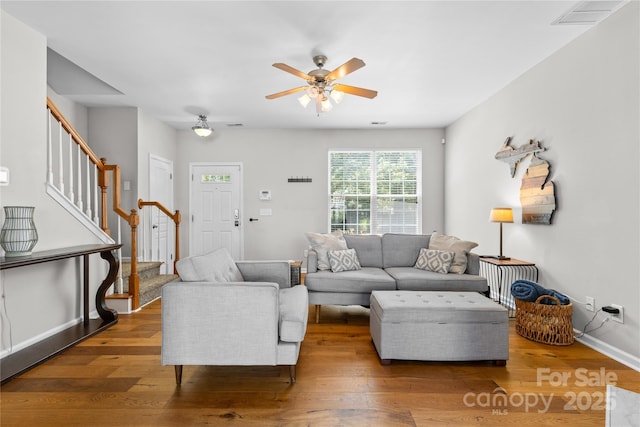 514 Bent Leaf Ct, Fort Mill, SC 29708 - living area with stairs, hardwood / wood-style floors, and ceiling fan