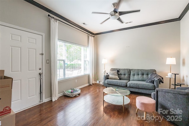 11521 Savannah Creek Dr, Charlotte, NC 28273 - living room featuring ornamental molding, ceiling fan, and wood finished floors