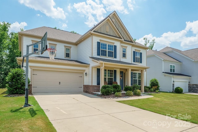 10437 Paper Birch Dr, Charlotte, NC 28215 - craftsman house with a garage, a front lawn, concrete driveway, brick siding, and board and batten siding