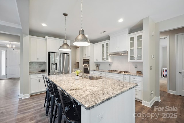 10437 Paper Birch Dr, Charlotte, NC 28215 - kitchen featuring appliances with stainless steel finishes, under cabinet range hood, dark wood-style floors, decorative backsplash, and a center island with sink