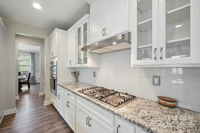 10437 Paper Birch Dr, Charlotte, NC 28215 - kitchen featuring stainless steel appliances, under cabinet range hood, white cabinets, dark wood finished floors, and light stone countertops