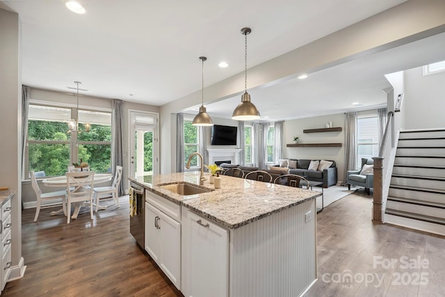 10437 Paper Birch Dr, Charlotte, NC 28215 - kitchen with stainless steel dishwasher, a fireplace, healthy amount of natural light, dark wood finished floors, and recessed lighting