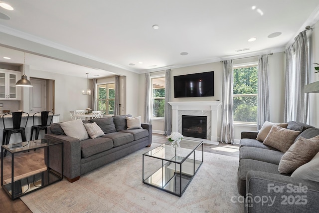 10437 Paper Birch Dr, Charlotte, NC 28215 - living room featuring wood finished floors, healthy amount of natural light, crown molding, a premium fireplace, and recessed lighting